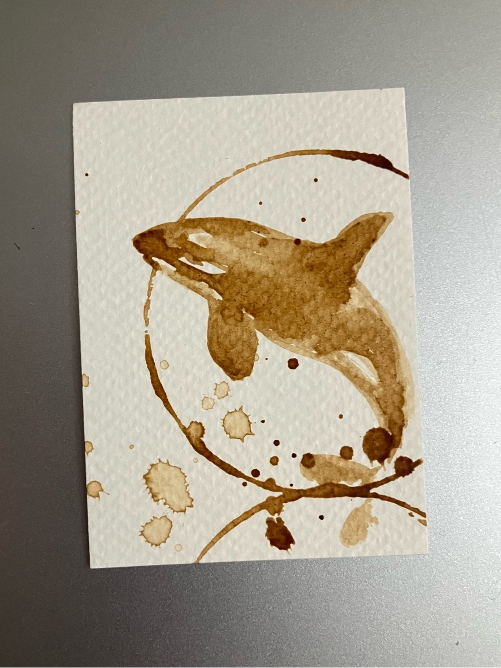 ORIGINAL coffee killer whale painting realism Java aceo art seascape artwork